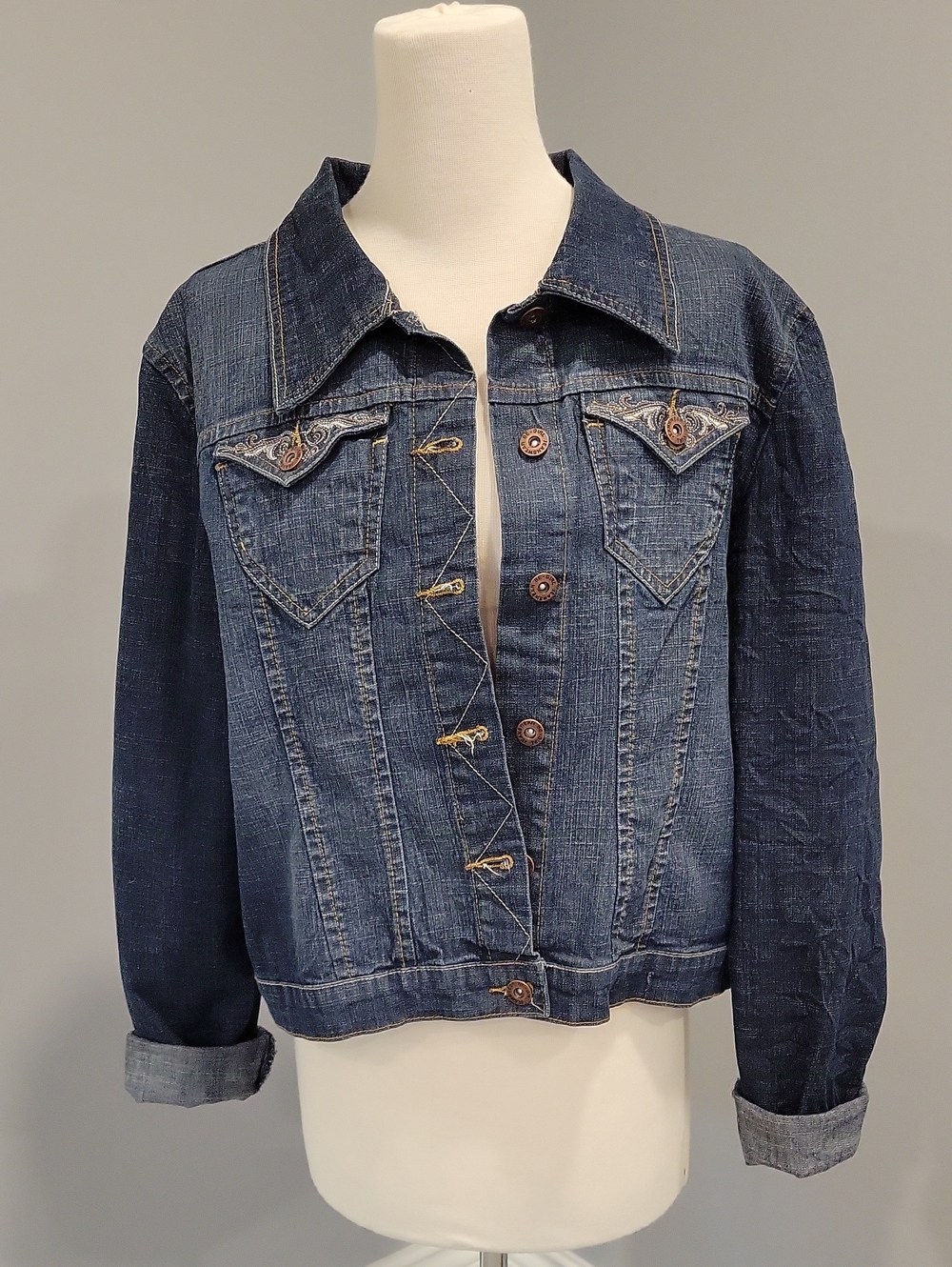 Women's Dark Indigo Denim Jacket with Embroidered Chest Pockets
